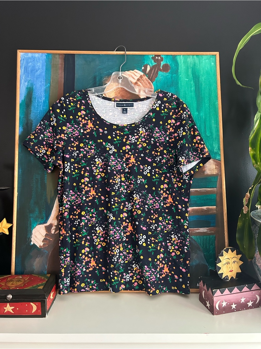 Karen Scott Petite Large Black Floral Short Sleeve Top Cottagecore Casual